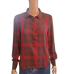 CABI Size S Cunningham Plaid Popover Shirt Red/Gray 3587 High Low